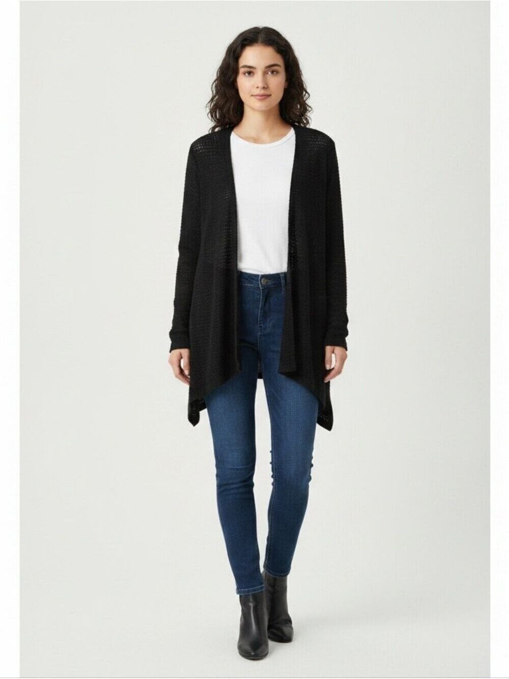 Black Cardigan Sweater Box Weave Ruched Sleeves